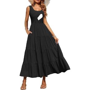 Women's Nursing Dresses Smocked Crew Neck Summer Sleeveless Tiered Maxi Dress with Pockets