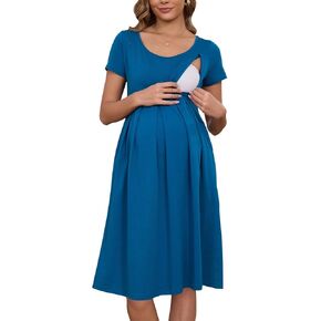 Ecavus Women's Nursing Dress Short Sleeve Hidden Zipper Maternity Breastfeeding Dress with Pockets