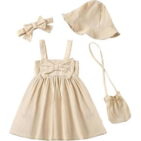 Toddler Girl Summer Dress Infant Baby Girl Casual Clothes Sleeveless Bowknot Beach Sundress with Hat