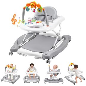 Baby Walker with Wheels, 5 in 1 Baby Walkers for Boys Girls 6-12 Months, Foldable Walker Baby with Bouncer & Feeding Tray, Music, Adjustable Heights