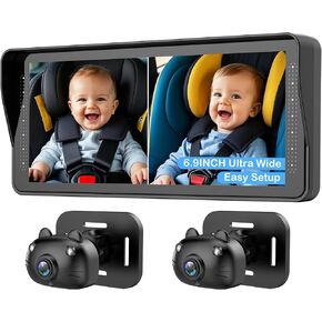Dual Baby Car Camera for 2 Kids - 6.9" HD Display with Ambient Lighting, Rotatable Night Vision Cameras, Easy Setup, Ideal for Parents, Grandparents, Nannies, Safe & Clear Viewing
