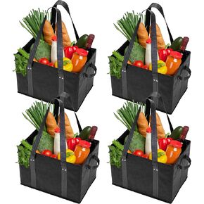 BAG-THAT! 4pk Reusable Grocery Bags Shopping Bags Tote Box Large Heavy Duty Groceries Bag Handles Foldable Reinforced Bottom (Navy Blue/Gray)
