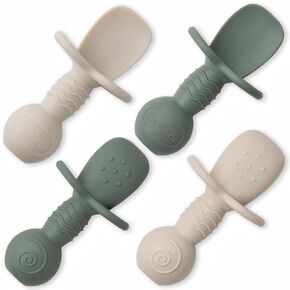 Ginbear Platinum Silicone Baby Spoons Self Feeding 6 Months First Stage, Non Toxic Infants Led Weaning Utensils for Training, BLW Supplies Pack of 4 (Dark Sage/Ivory)