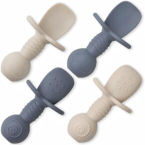 Ginbear Platinum Silicone Baby Poons التغذية الذاتية لمدة 6 أشهر المرحلة الأولى ، أدى الأطفال غير السامين إلى أدوات الفطام للتدريب ، PLW Supplies Pack of 4 (Dark Sage/Ivory) in Kuwait