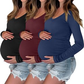 Ficerd 3 Pack Womens V Neck Maternity Shirts Long Sleeve Side Ruched Tops Basic Tunic Tshirt Winter Pregnancy Clothes