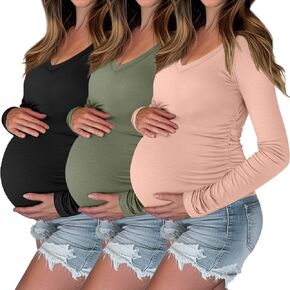 Ficerd 3 Pack Womens V Neck Maternity Shirts Long Sleeve Side Ruched Tops Basic Tunic Tshirt Winter Pregnancy Clothes in Saudi Arabia