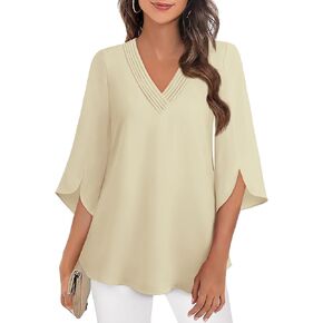 Women's 3/4 Sleeve Tops Pleated V Neck Business Casual Chffion Blouses Dressy Office Work Shirts Loose Fit Tunics in Kuwait
