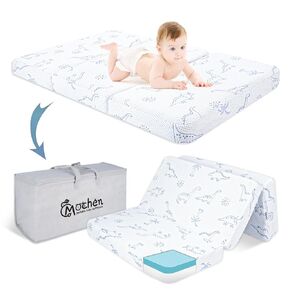 Mochen Trifold Pack and Play Mattress 38x26 Dual-Sidensive Memory Foam Pack N Play Prayshes Pad with Dinovable Dinovairs Cover & Carry Care ، Portable Travel Baby Mattress for Playpen