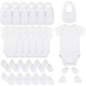 Chuarry 48 Pcs Unisex Cotton Short Sleeve Baby Bodysuit White Baby Socks Gloves Newborn Bibs for 0-3 Months Baby Shower Party