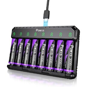 POWXS Rechargeable AA Batteries with Charger | 8 x 3000mAh Rechargeable Lithium AA Batteries, Ideal for Gaming Devices and Blink Cameras, Compatible with AA/AAA, Efficient Charging