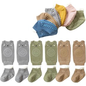Feidoog Baby Crawling Anti-Slip Elastic 3 Pairs Knee Pads and 3 Pairs Socks Set,Toddler Knee Protector for Baby Kids Kneepads