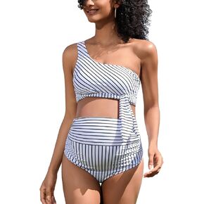Bhome Maternity One Shoulder High Waisted Bikini Sets Two Piece Tie Front Swimsuit Padded Bathing Suits for Pregnant Women