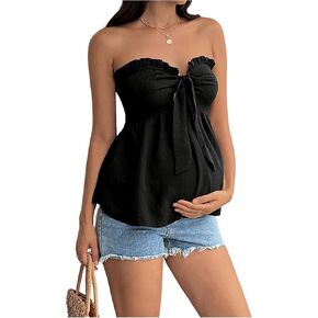 OYOANGLE Women's Maternity Bow Tie Front Tube Tops Ruffle Trim Flowy Hem Strapless Bandeau Top