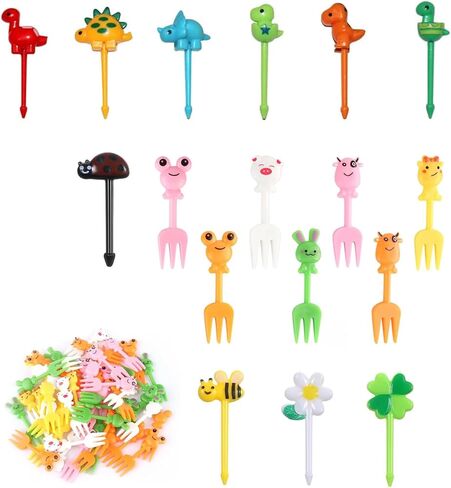 60 Pieces Plastic Animals Fruit Forks, 19 Typology Food Picks for Kids, Kids Toothpicks for Lunch, Kids Lunch Accessories Reusable for Party Afternoon Tea Birthday Party in Kuwait