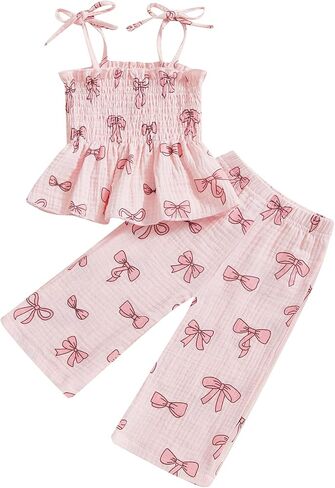 VISGOGO Toddler Baby Girl Outfits Sleeveless Smocked Strap Camisole Linen Pants Bow Baby Summer Clothes in Saudi Arabia