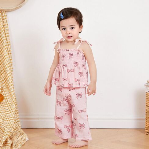 VISGOGO Toddler Baby Girl Outfits Sleeveless Smocked Strap Camisole Linen Pants Bow Baby Summer Clothes in Saudi Arabia