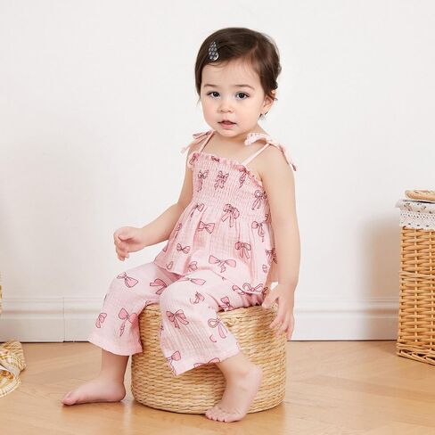 VISGOGO Toddler Baby Girl Outfits Sleeveless Smocked Strap Camisole Linen Pants Bow Baby Summer Clothes in Saudi Arabia