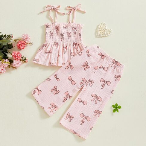 VISGOGO Toddler Baby Girl Outfits Sleeveless Smocked Strap Camisole Linen Pants Bow Baby Summer Clothes in Saudi Arabia