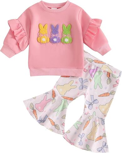 Fiomva Toddler Baby Girl Easter Watter 6 9 12 18 24 Honths 2T 3T 4T Sweatshirt Top+Flare Pants Bell Bells Easter Complements in Kuwait