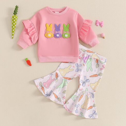 Fiomva Toddler Baby Girl Easter Watter 6 9 12 18 24 Honths 2T 3T 4T Sweatshirt Top+Flare Pants Bell Bells Easter Complements in Kuwait