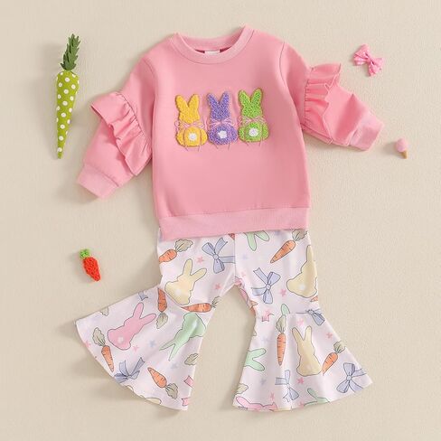 Fiomva Toddler Baby Girl Easter Watter 6 9 12 18 24 Honths 2T 3T 4T Sweatshirt Top+Flare Pants Bell Bells Easter Complements in Kuwait