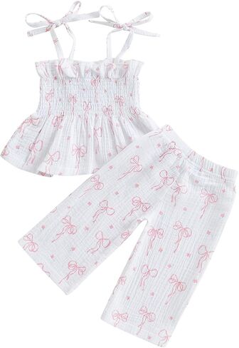 VISGOGO Toddler Baby Girl Outfits Sleeveless Smocked Strap Camisole Linen Pants Bow Baby Summer Clothes in Saudi Arabia