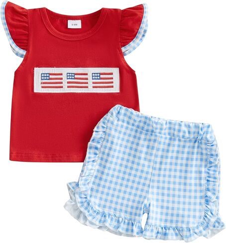 Toddler Infant Baby Girl 4th of July Outfit American Flag Short Sleeve Shirt Tops Shorts Fourth Of July Clothes in Saudi Arabia