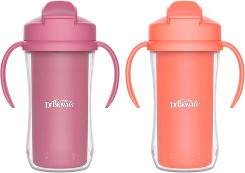 Dr. Brown's Milestones Insulated Sippy Cup with Straw and Handles, Spill-Proof Tumbler with Lid, 2-Pack, Pink, 10 oz/300 mL, BPA Free, 12m+ in Kuwait