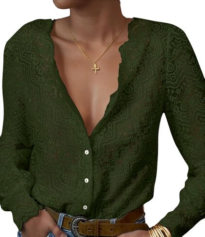 Lace Tops for Women Dressy Casual Blouses Puff Long Sleeve V Neck Button Down Business Work Shirts in Kuwait