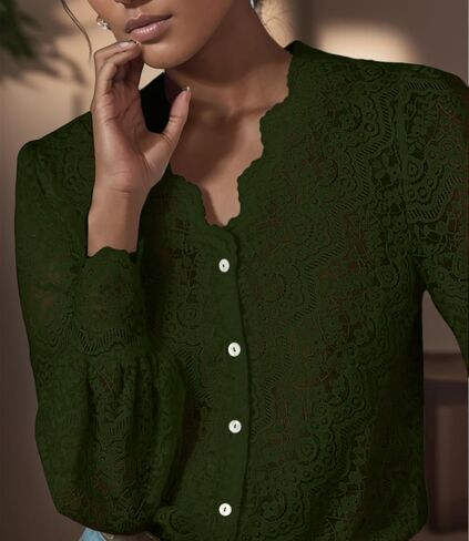 Lace Tops for Women Dressy Casual Blouses Puff Long Sleeve V Neck Button Down Business Work Shirts in Kuwait