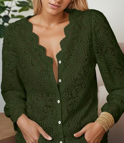 Lace Tops for Women Dressy Casual Blouses Puff Long Sleeve V Neck Button Down Business Work Shirts in Kuwait