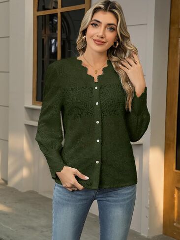 Lace Tops for Women Dressy Casual Blouses Puff Long Sleeve V Neck Button Down Business Work Shirts in Kuwait