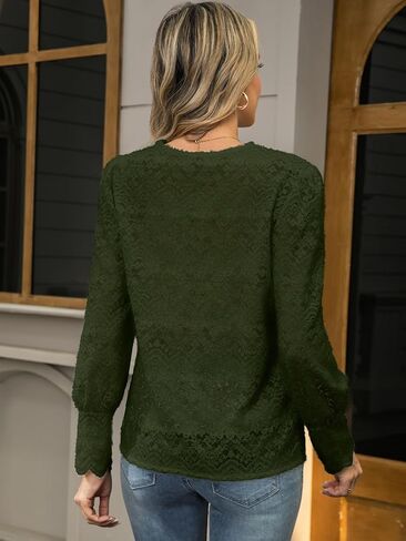 Lace Tops for Women Dressy Casual Blouses Puff Long Sleeve V Neck Button Down Business Work Shirts in Kuwait