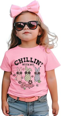 Toddler Baby Girl Easter Shirts Cute Bunny T-Shirt Chillin' with My Peeps Letter Tops Funny Short Sleeve Tees Clothes in Saudi Arabia