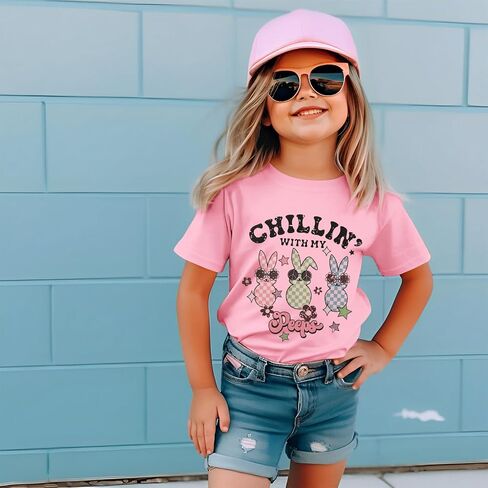 Toddler Baby Girl Easter Shirts Cute Bunny T-Shirt Chillin' with My Peeps Letter Tops Funny Short Sleeve Tees Clothes in Saudi Arabia