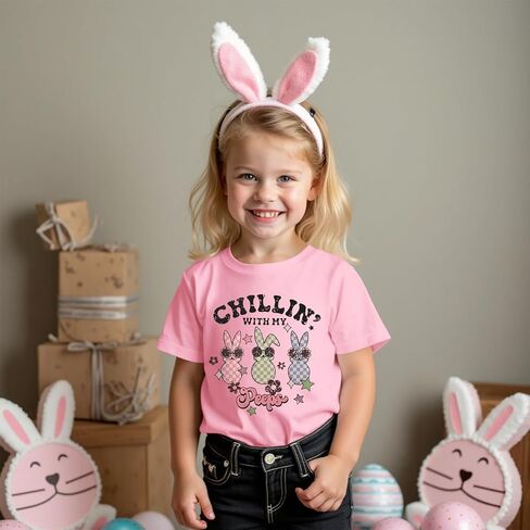 Toddler Baby Girl Easter Shirts Cute Bunny T-Shirt Chillin' with My Peeps Letter Tops Funny Short Sleeve Tees Clothes in Saudi Arabia