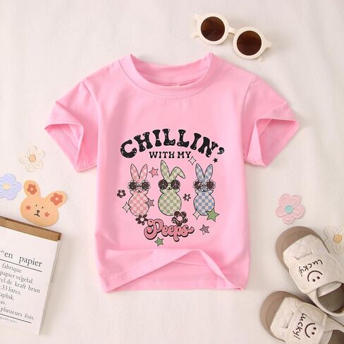 Toddler Baby Girl Easter Shirts Cute Bunny T-Shirt Chillin' with My Peeps Letter Tops Funny Short Sleeve Tees Clothes in Saudi Arabia