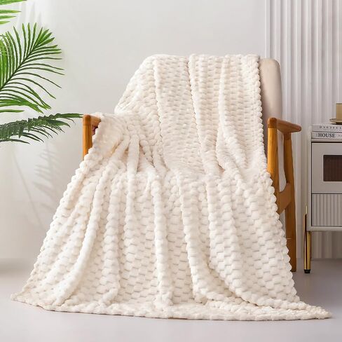 Exclusivo Mezcla Extra Fleece Soft Fleece بطانية ، 50 × 70 بوصة بطانية رمي جاكار أنيقة للأريكة ، خفيفة الوزن مريحة طوال الموسم ، العاج in Kuwait