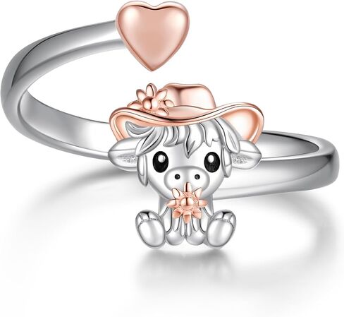 925 Sterling Silver Cow Cat Dragon Dinosaur Frog Horse Ring Adjustable Cute Cow Print Kitty Animal Lover Jewelry Gifts for Women Birthday in Kuwait