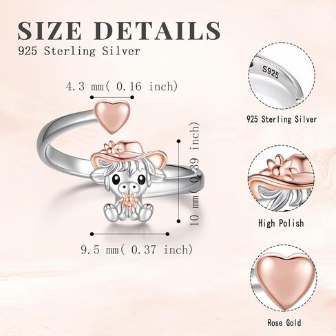 925 Sterling Silver Cow Cat Dragon Dinosaur Frog Horse Ring Adjustable Cute Cow Print Kitty Animal Lover Jewelry Gifts for Women Birthday in Kuwait