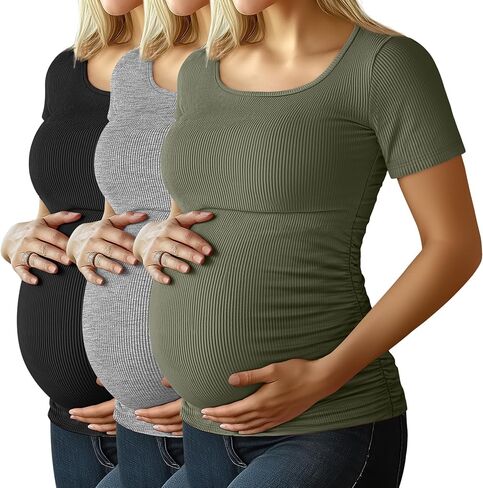 RIYIPER 3 PACK TOPS PACK Women's Paternity Cotton Tops Scoop Neck Short Sleeve Thercancy Therts Side Ruched Mama clotions in Kuwait