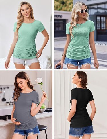 Ekouaer Womens Maternity Shirts 3 Packs Round Neck Short Sleeve Side Ruched Swiss Dot T Shirt Tops S-XXL in Saudi Arabia