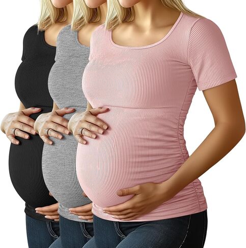 RIYIPER 3 PACK TOPS PACK Women's Paternity Cotton Tops Scoop Neck Short Sleeve Thercancy Therts Side Ruched Mama clotions in Kuwait