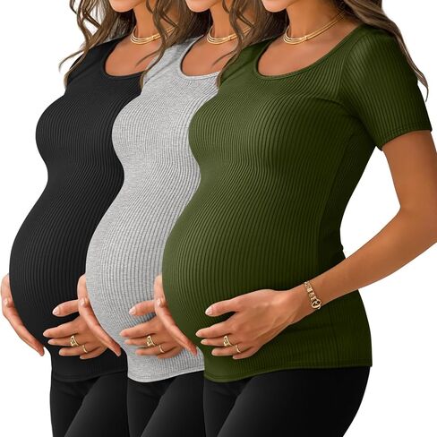 NEER 3 Pack Women's Gaternity T قمصان الحمل القطن المضلعة قمم الحمل القصيرة بأكمام قصيرة in Kuwait