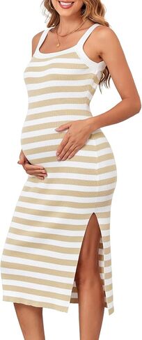V FOR CITY Maternity Dresses Sleeveless Rib Knit Slit Baby Shower Dress Casual Square Neck Bodycon Pregnancy Outfits in Saudi Arabia