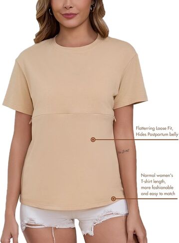 Ecavus Women's Zip Nursing Tops Short Sleeve Breastfeeding Shirts Comfortable Loose-Fit Mama Clothes in Kuwait