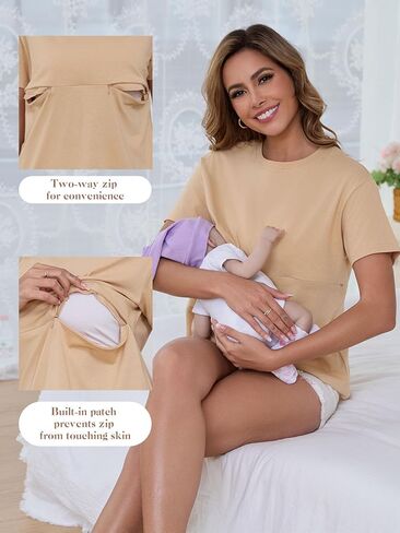 Ecavus Women's Zip Nursing Tops Short Sleeve Breastfeeding Shirts Comfortable Loose-Fit Mama Clothes in Kuwait