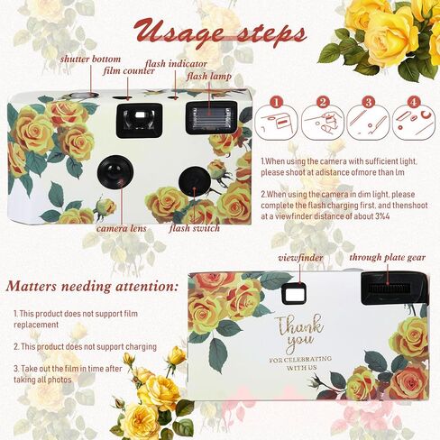 Kanayu 10 Pack Disposable Camera for Wedding Floral 35mm Single Use Film Camera with Flash One Time Use Camera for Anniversary Concert Travel Camp Party Supply Gift Honeymoon (Yellow Rose) in Saudi Arabia