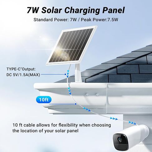 Solar Panel for Security Camera, 7W High-Efficiency Solar Cells, Camera Solar Panel Charger with IP65 Waterproof, Flexible Adjustment Bracket, Long Cable Compatible with DC 5V/1.5A Type-C & Micro USB in Saudi Arabia