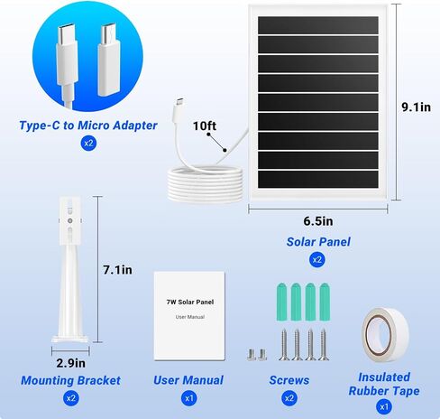 Solar Panel for Security Camera, 7W High-Efficiency Solar Cells, Camera Solar Panel Charger with IP65 Waterproof, Flexible Adjustment Bracket, Long Cable Compatible with DC 5V/1.5A Type-C & Micro USB in Saudi Arabia